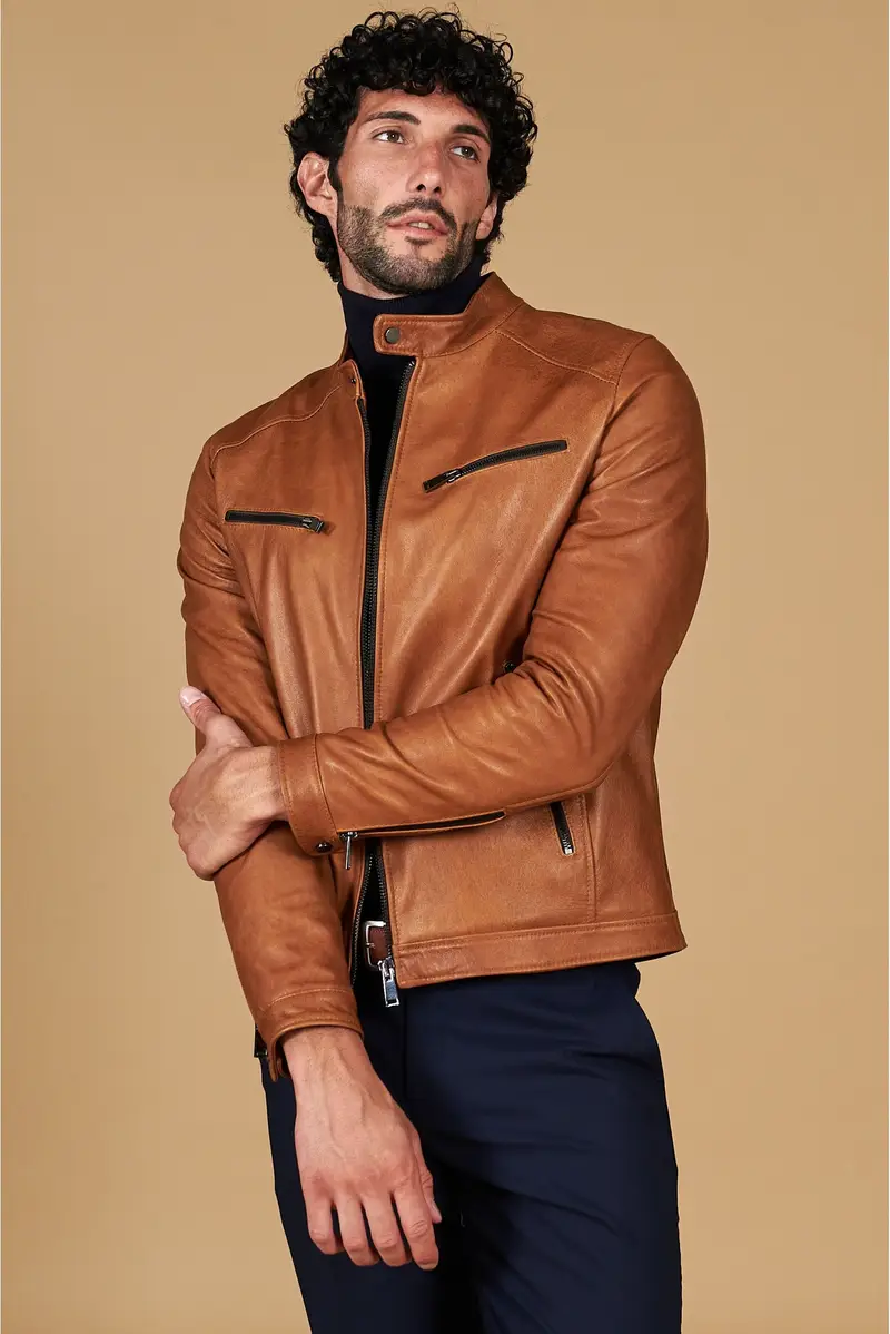 Giacca in pelle cuoio effetto vintage quattro tasche D'Arienzo, Seleziona Cuoio