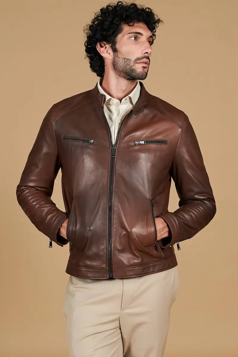 Giacca in pelle marrone effetto vintage quattro tasche D'Arienzo, Seleziona Marrone