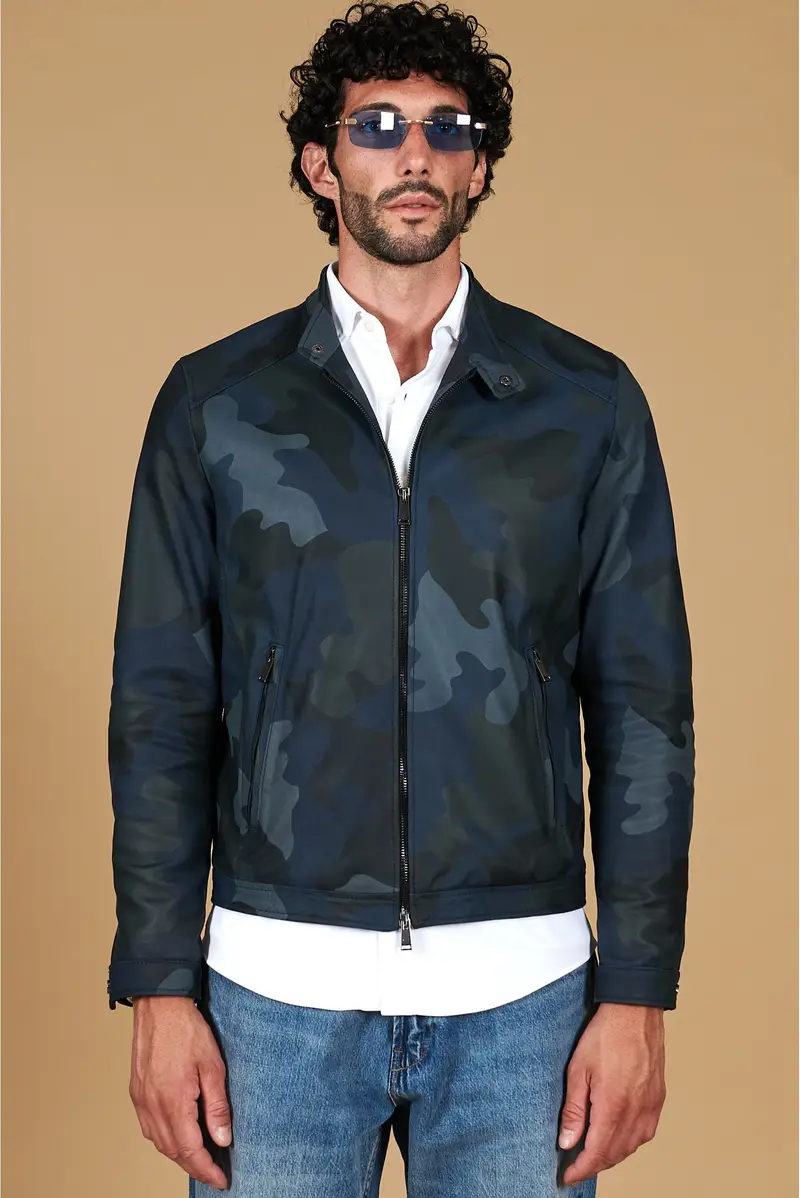 Giacca in pelle mimetica blu effetto liscio colletto coreana D'Arienzo, Seleziona Blu