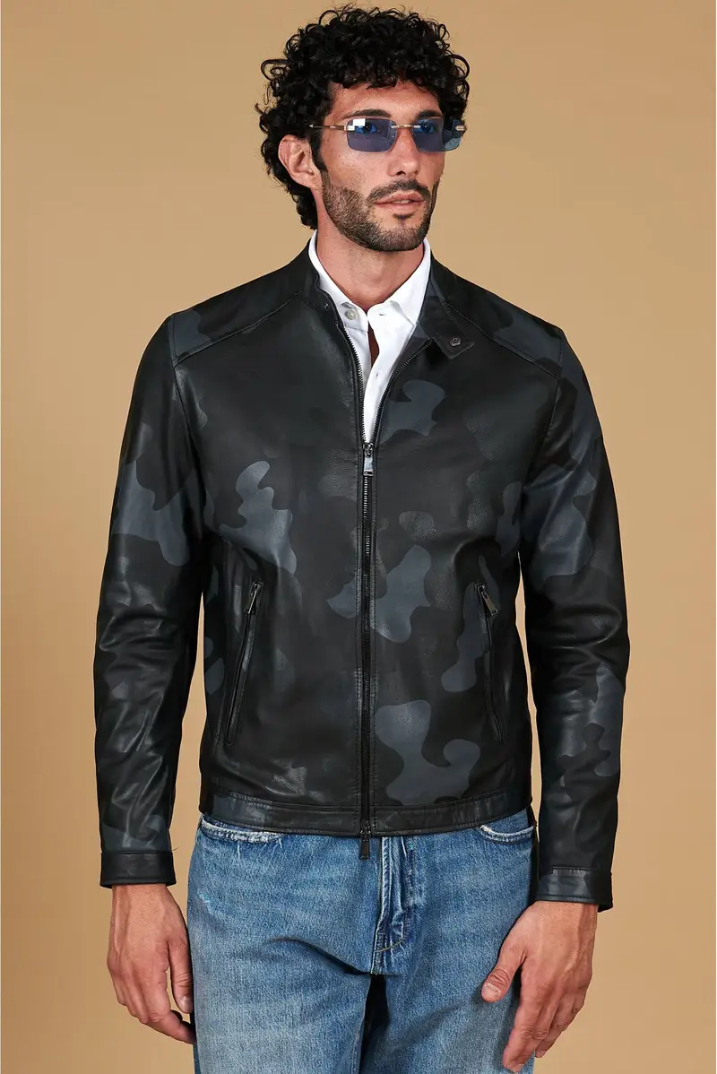 Giacca in pelle mimetica nera effetto liscio colletto coreana D'Arienzo, Seleziona Nero
