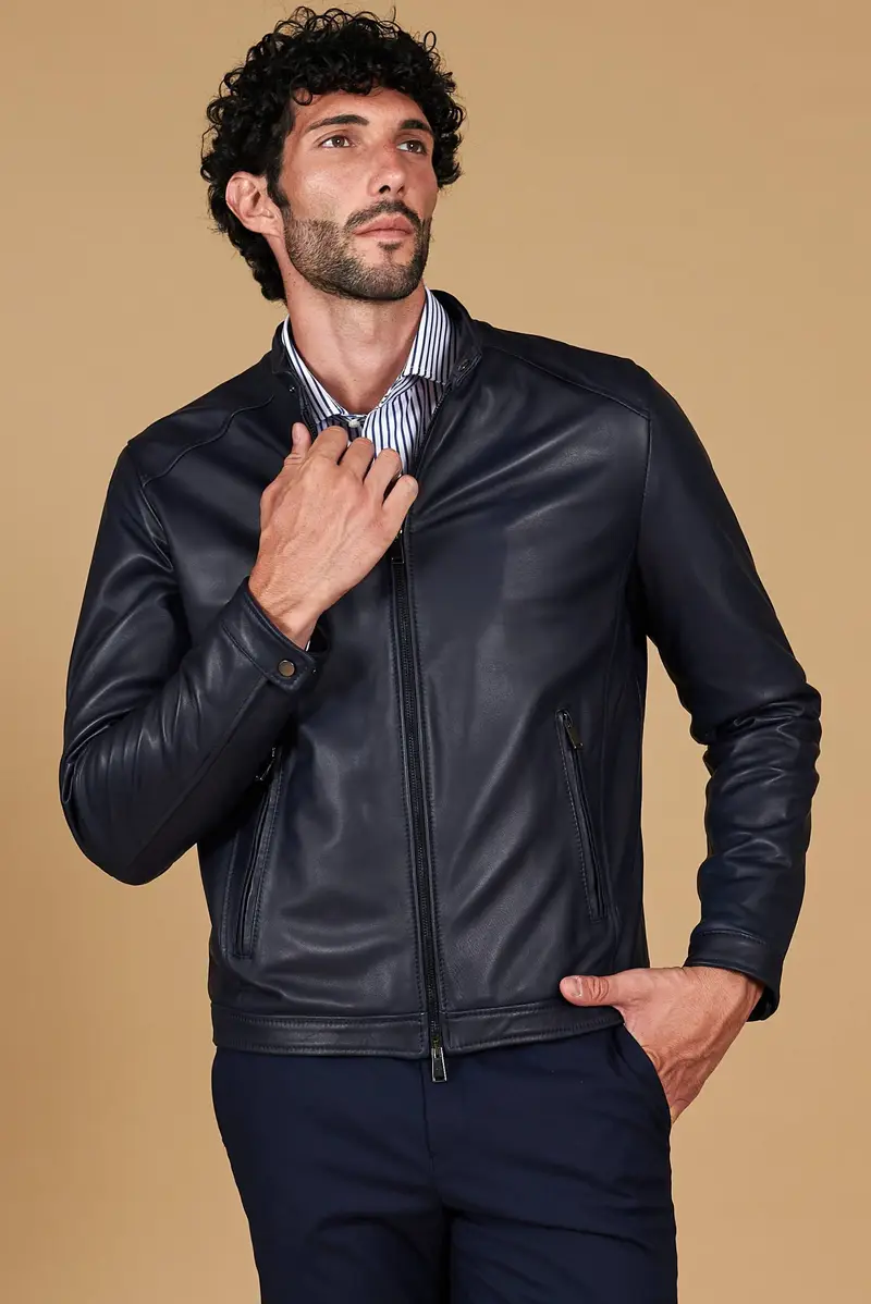 Giacca in pelle naturale blu effetto liscio D'Arienzo, Seleziona Blu