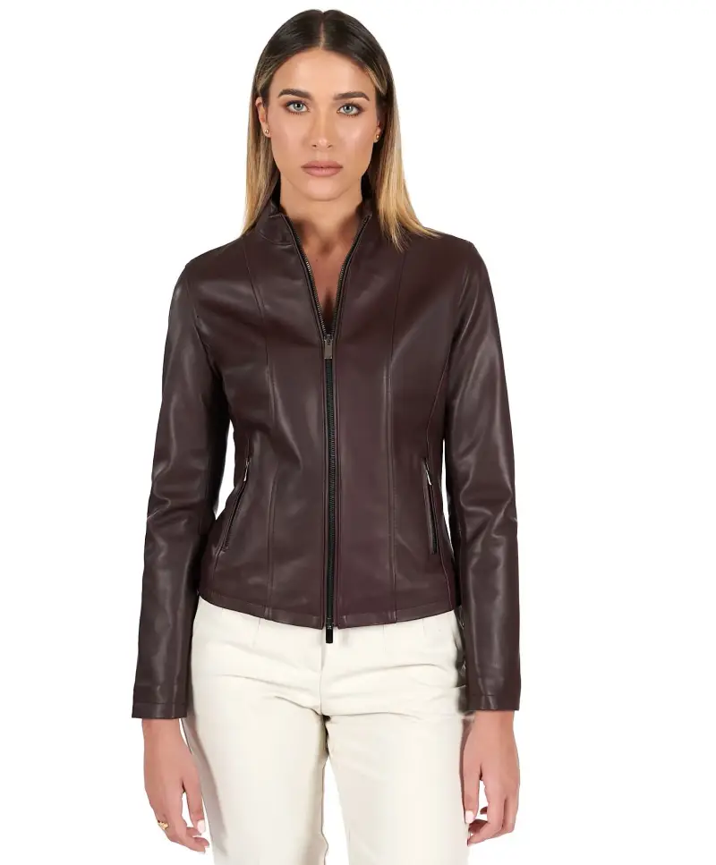 Giacca in pelle naturale bordeaux effetto liscio colletto coreana D'Arienzo, Seleziona Vinaccio