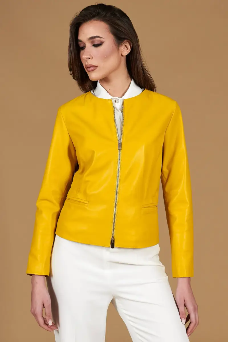 Giacca in pelle naturale giallo effetto liscio con girocollo D Arienzo, Seleziona Giallo