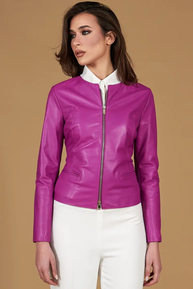 Giacca in pelle naturale glicine effetto liscio con girocollo D'Arienzo, Seleziona Viola