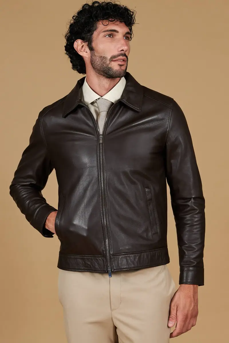 Giacca in pelle naturale marrone effetto liscio collo camicia D'Arienzo, Seleziona Marrone