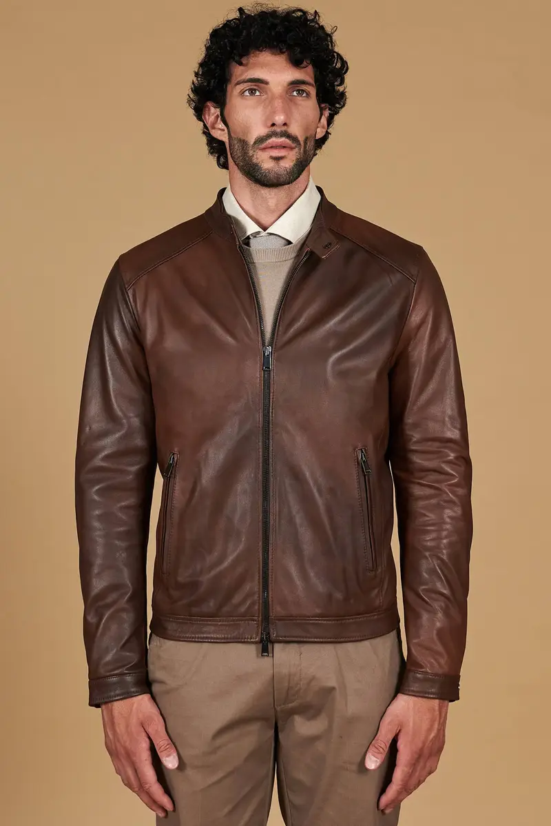 Giacca in pelle naturale marrone nuvolato effetto liscio D'Arienzo, Seleziona Marrone