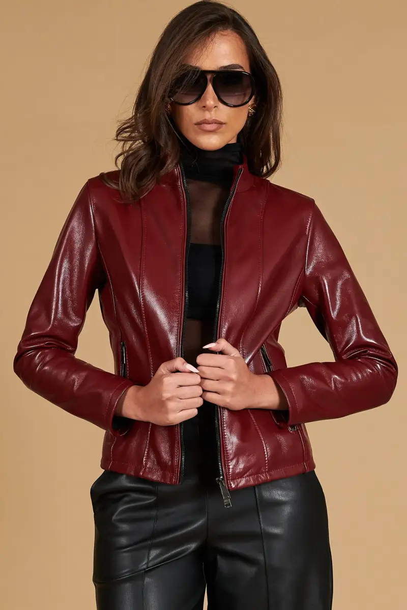 Giacca in pelle naturale rosso ancora effetto liscio colletto coreana D Arienzo, Seleziona Rosso