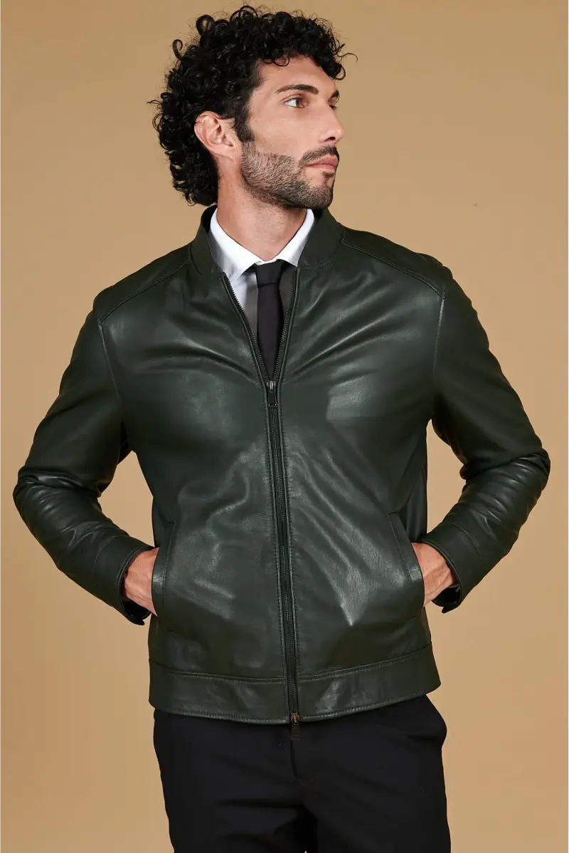 Giacca in pelle naturale verde effetto liscio collo banana D Arienzo, Seleziona Verde