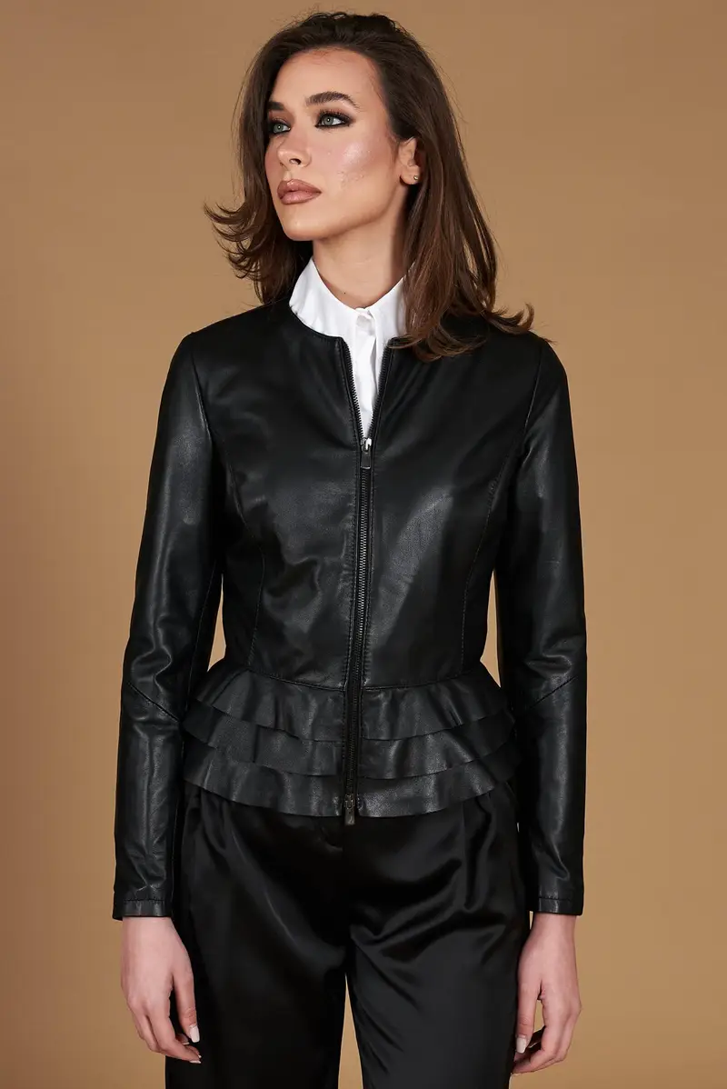 Giacca in pelle nera con balze nappa effetto liscio D'Arienzo, Seleziona Nero