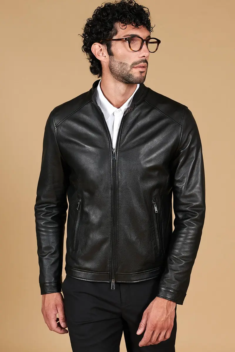 Giacca in pelle nera effetto raggrinzito D'Arienzo, Seleziona Nero