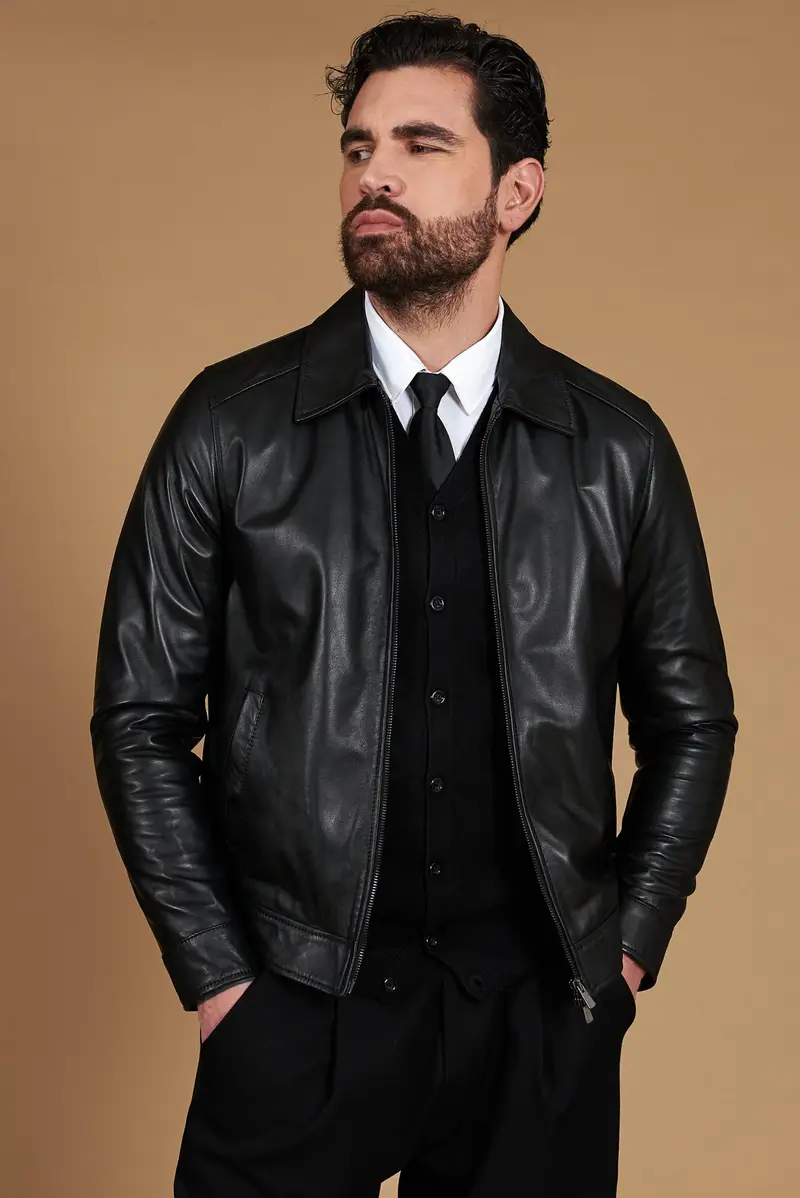 Giacca in pelle nera nappa effetto liscio collo camicia D'Arienzo, Seleziona Nero