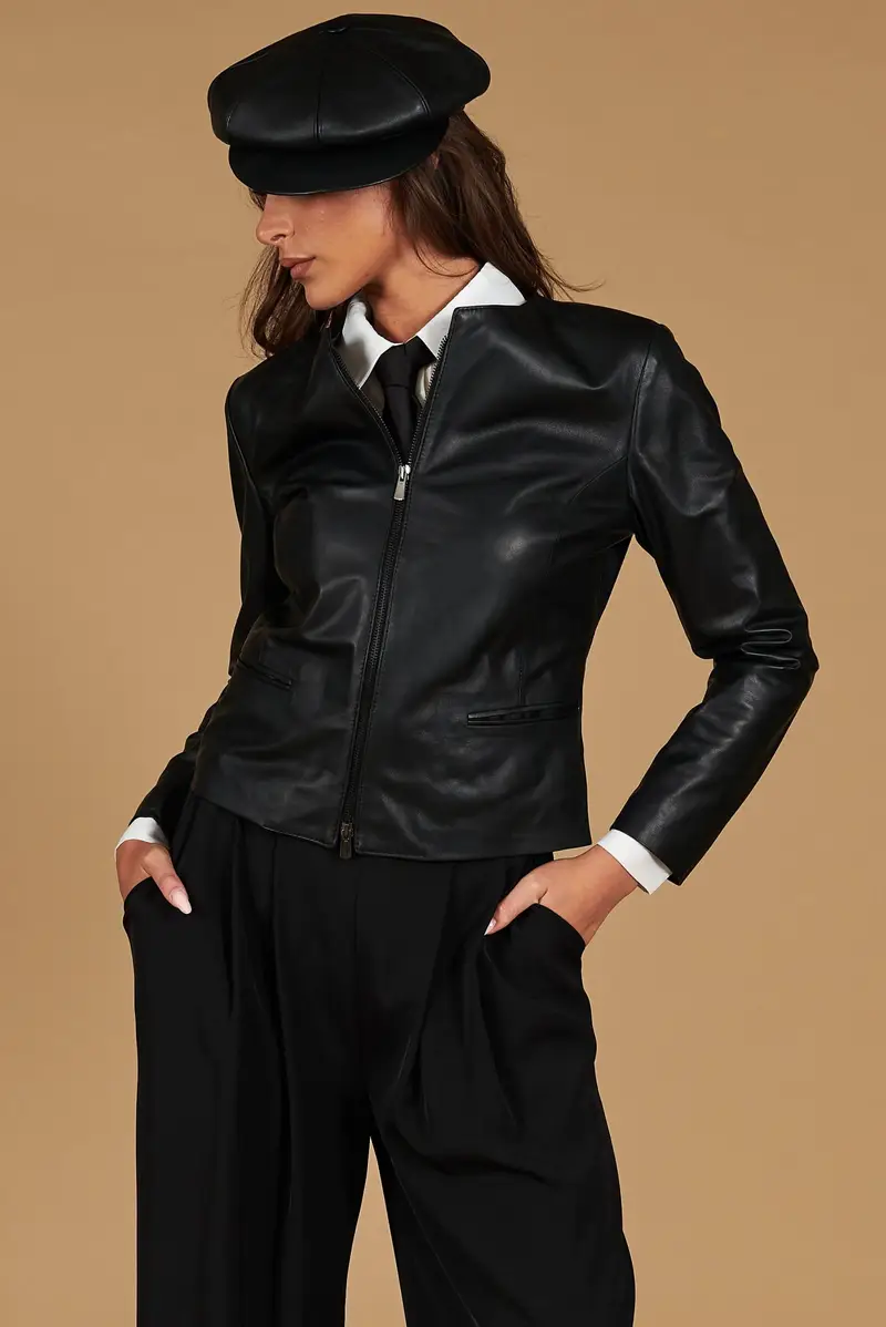 Giacca in pelle nera nappa effetto liscio D'Arienzo, Seleziona Nero