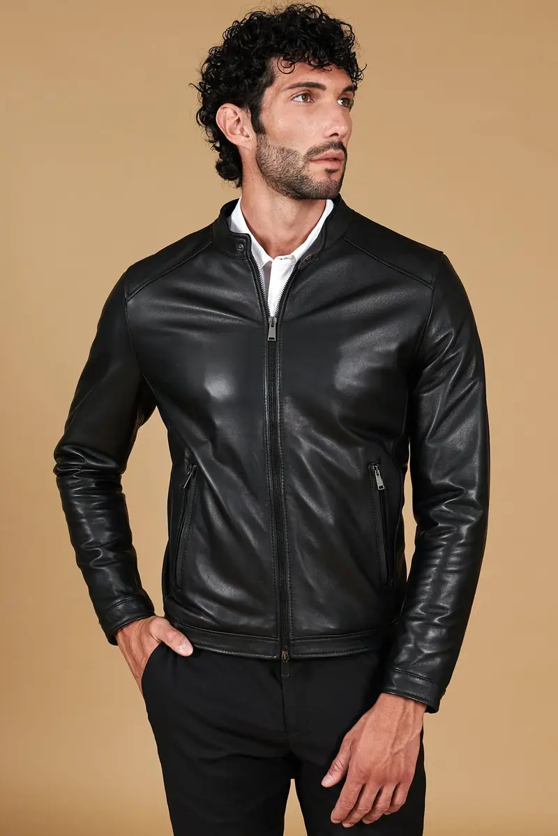 Giacca in pelle nera nappa effetto liscio D'Arienzo, Seleziona Nero