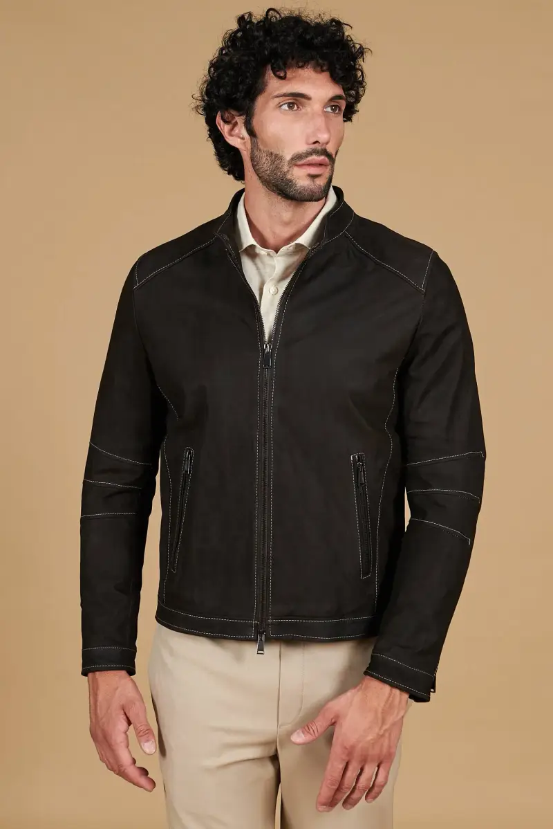 Giacca in pelle nubuck testa di moro con impunture a contrasto D Arienzo, Seleziona Testa di moro