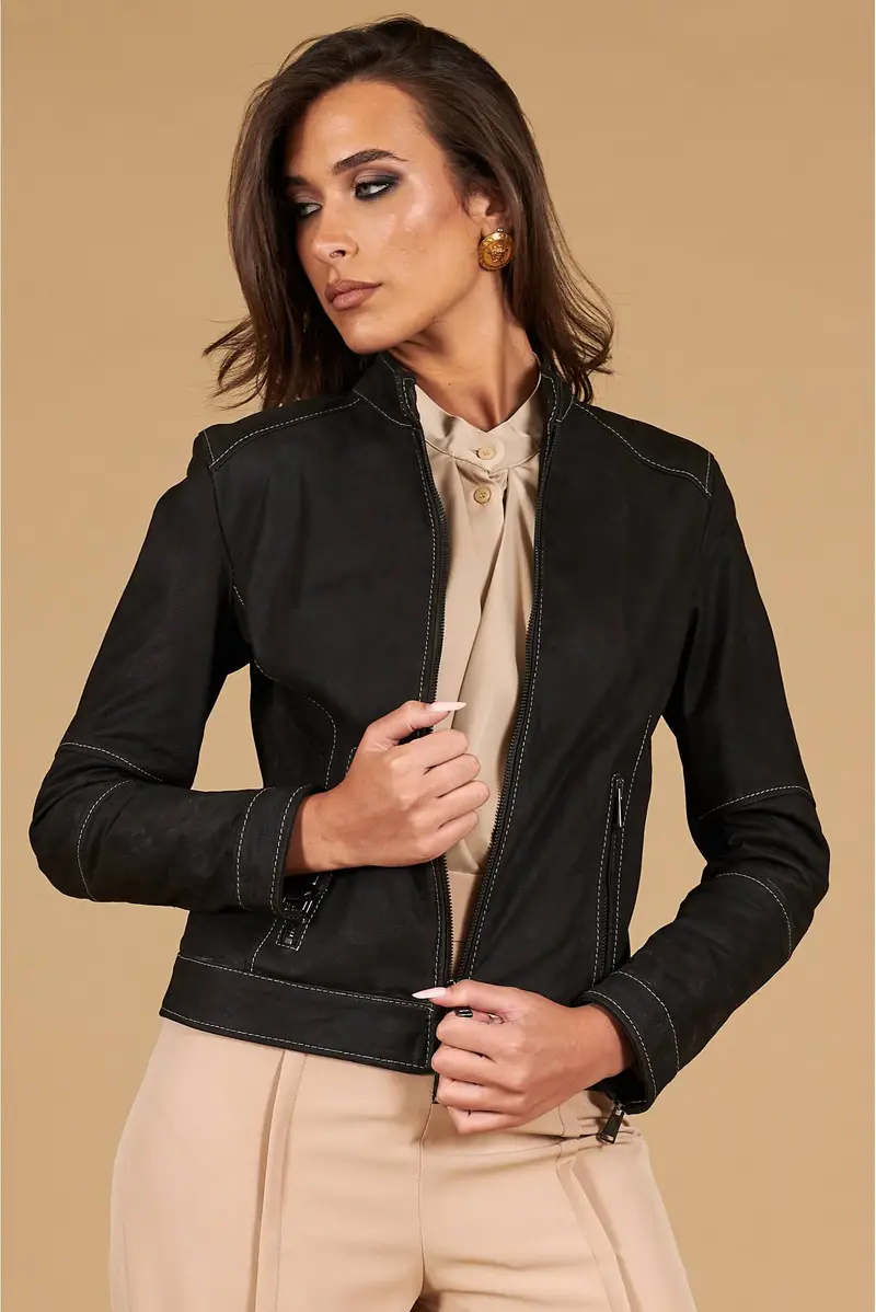 Giacca in pelle nubuck testa di moro con impunture a contrasto D'Arienzo, Seleziona Testa di moro