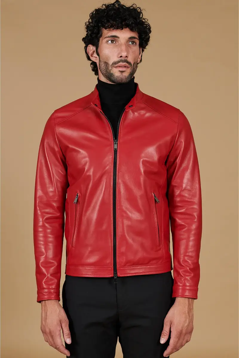 Giacca in pelle rossa nappa effetto liscio collo coreana D'Arienzo, Seleziona Rosso