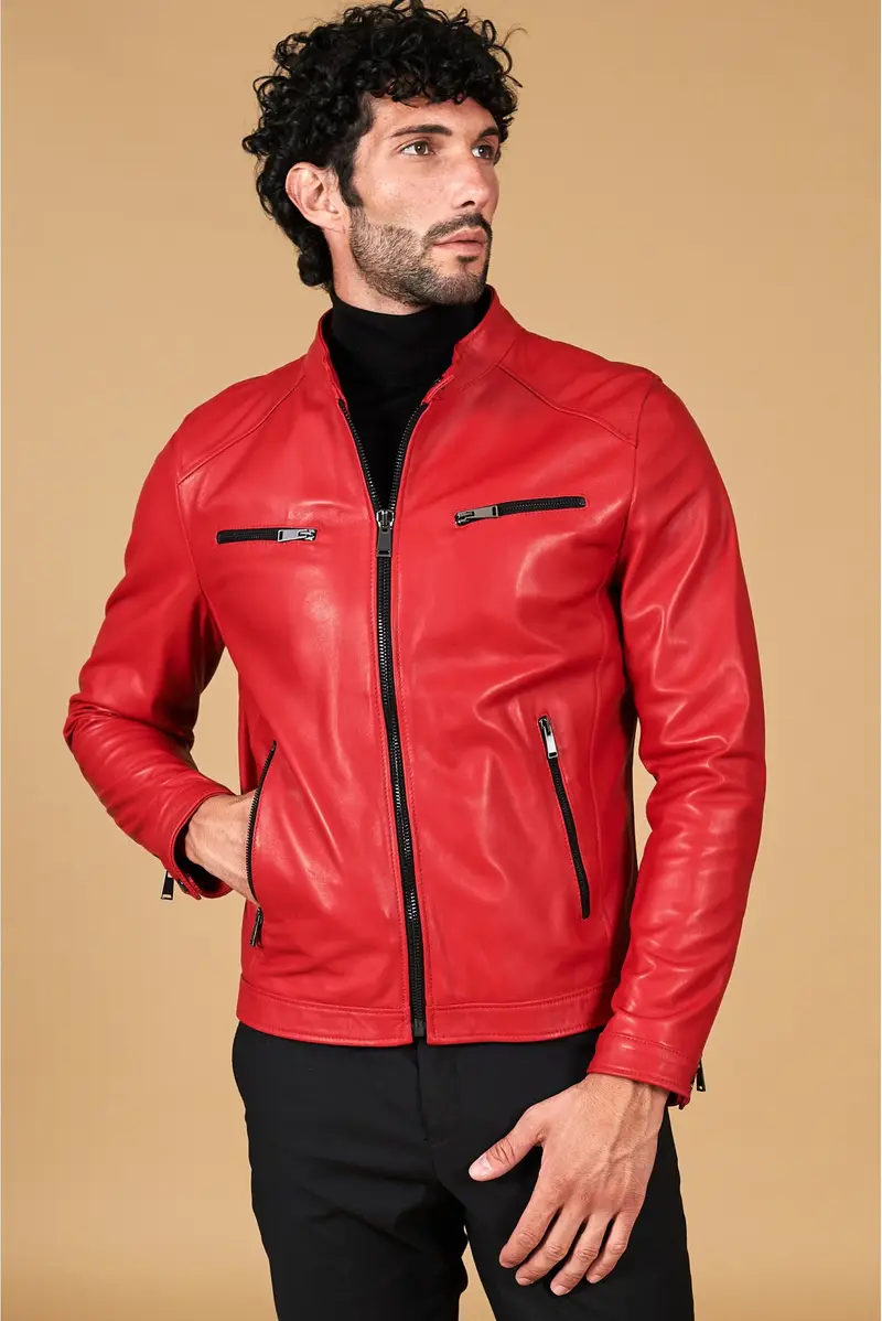 Giacca in pelle rossa nappa effetto liscio D'Arienzo, Seleziona Rosso