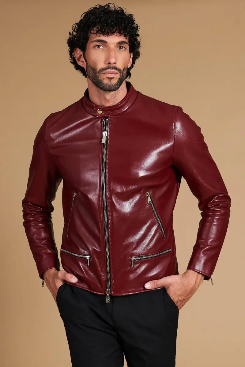 Giacca in pelle rosso ancora quattro tasche zip D'Arienzo, Seleziona Rosso