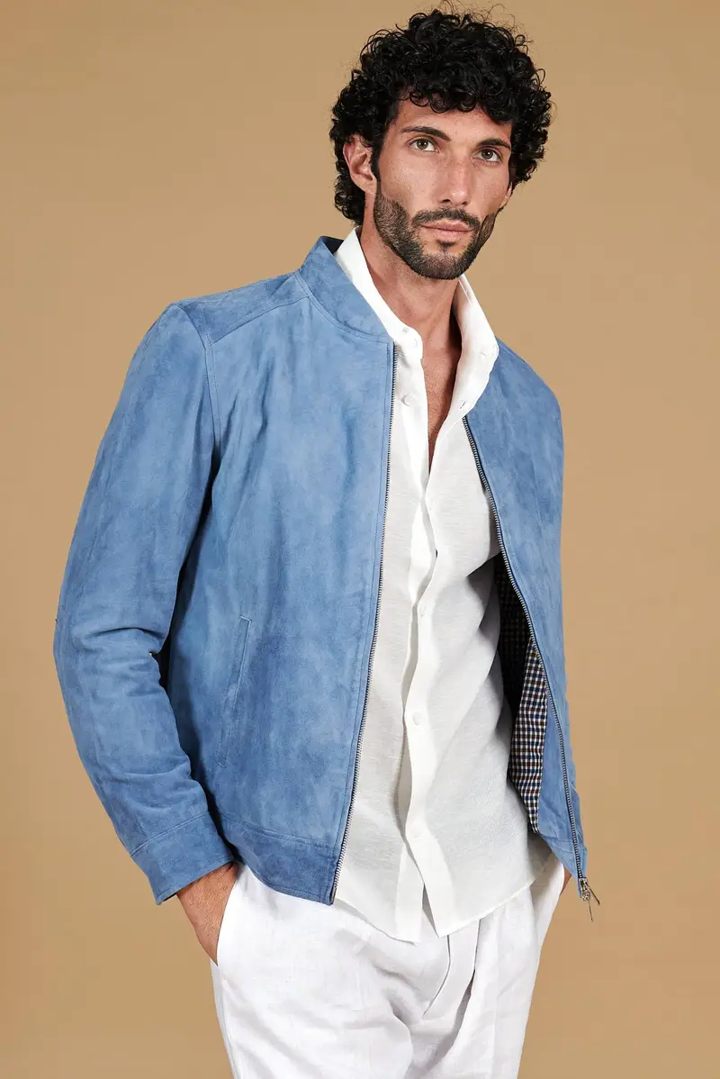 Giacca in pelle scamosciata blu denim con cerniera D'Arienzo, Seleziona Blu