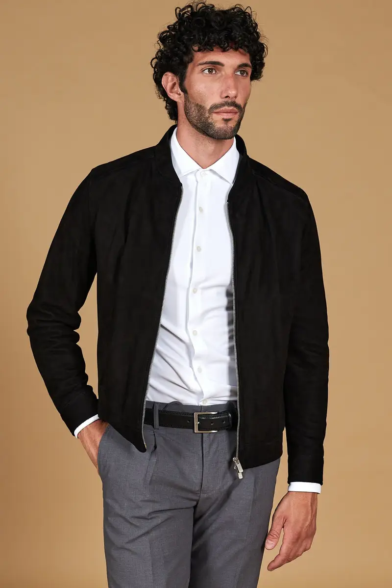 Giacca in pelle scamosciata nera con cerniera D'Arienzo, Seleziona Nero