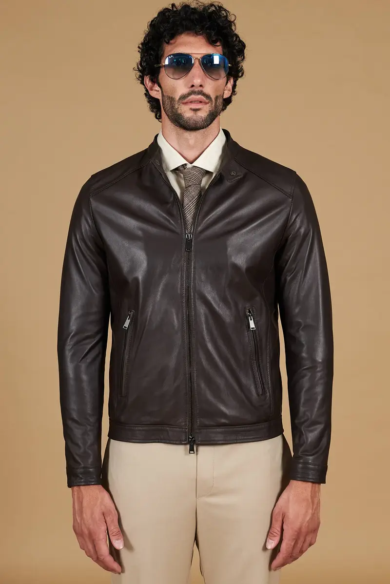 Giacca in pelle testa di moro effetto liscio D'Arienzo, Seleziona Testa di moro