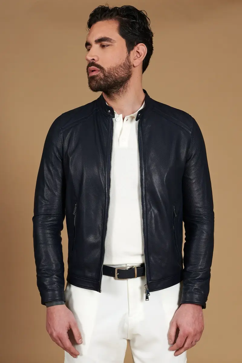 Giacca in pelle traforata blu nappa effetto liscio D'Arienzo, Seleziona Blu