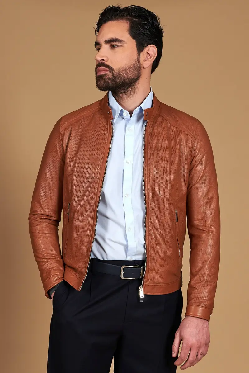 Giacca in pelle traforata color cuoio nappa effetto liscio D'Arienzo, Seleziona Cuoio