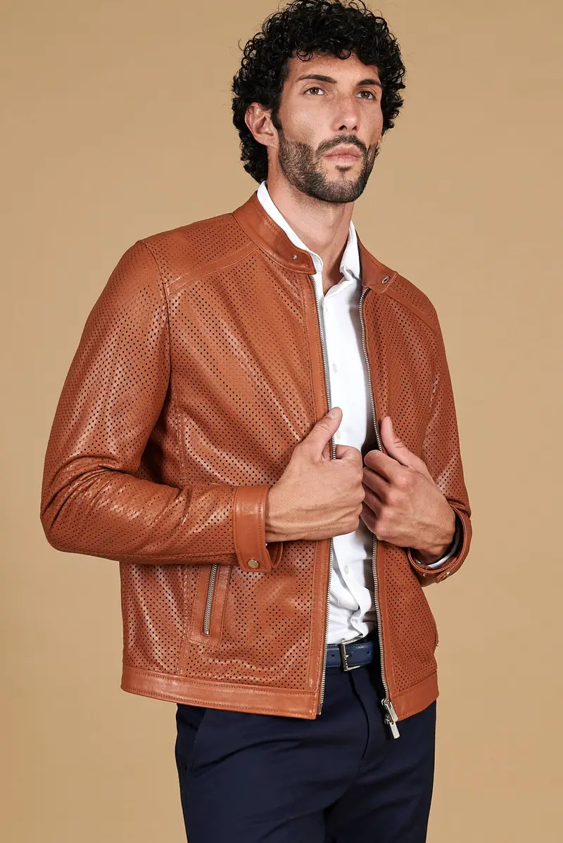 Giacca in pelle traforata cuoio nappa effetto liscio D'Arienzo, Seleziona Cuoio