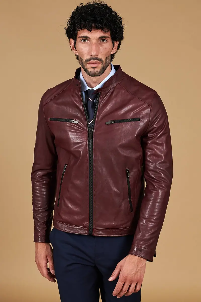 Giacca in pelle vegetale colore vinaccio effetto vintage D'Arienzo, Seleziona Vinaccio