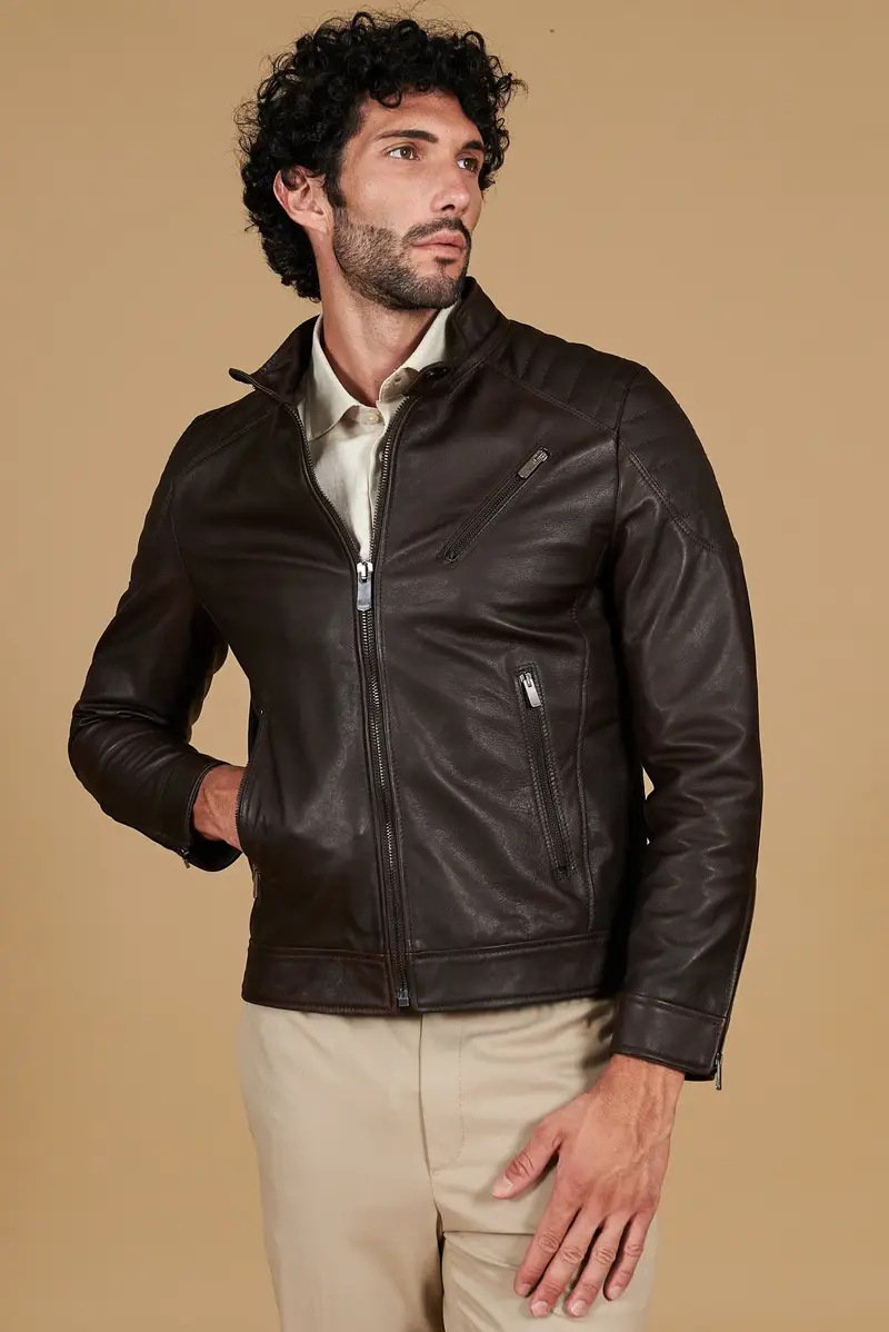 Giacca moto in pelle testa di moro biker trapuntato spalle effetto vintage D'Arienzo, Seleziona Testa di moro