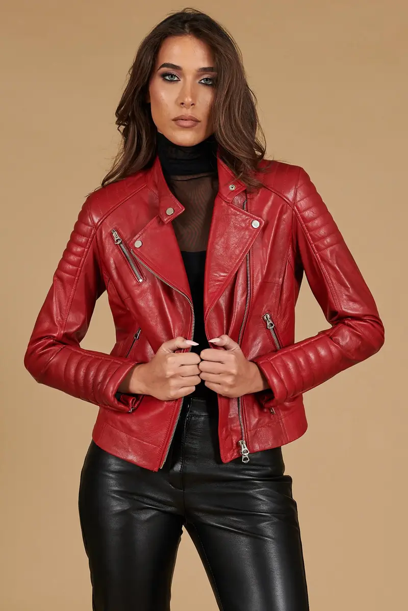 Giacca moto in pelle vegetale rossa trapuntata effetto vintage D'Arienzo, Seleziona Rosso