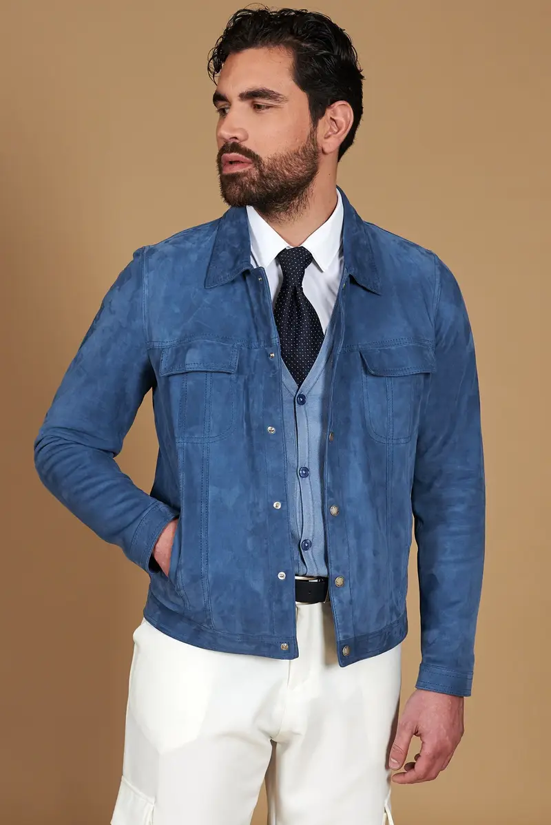 Giacca pelle camoscio blu denim bottoni e collo camicia D'Arienzo, Seleziona Blu