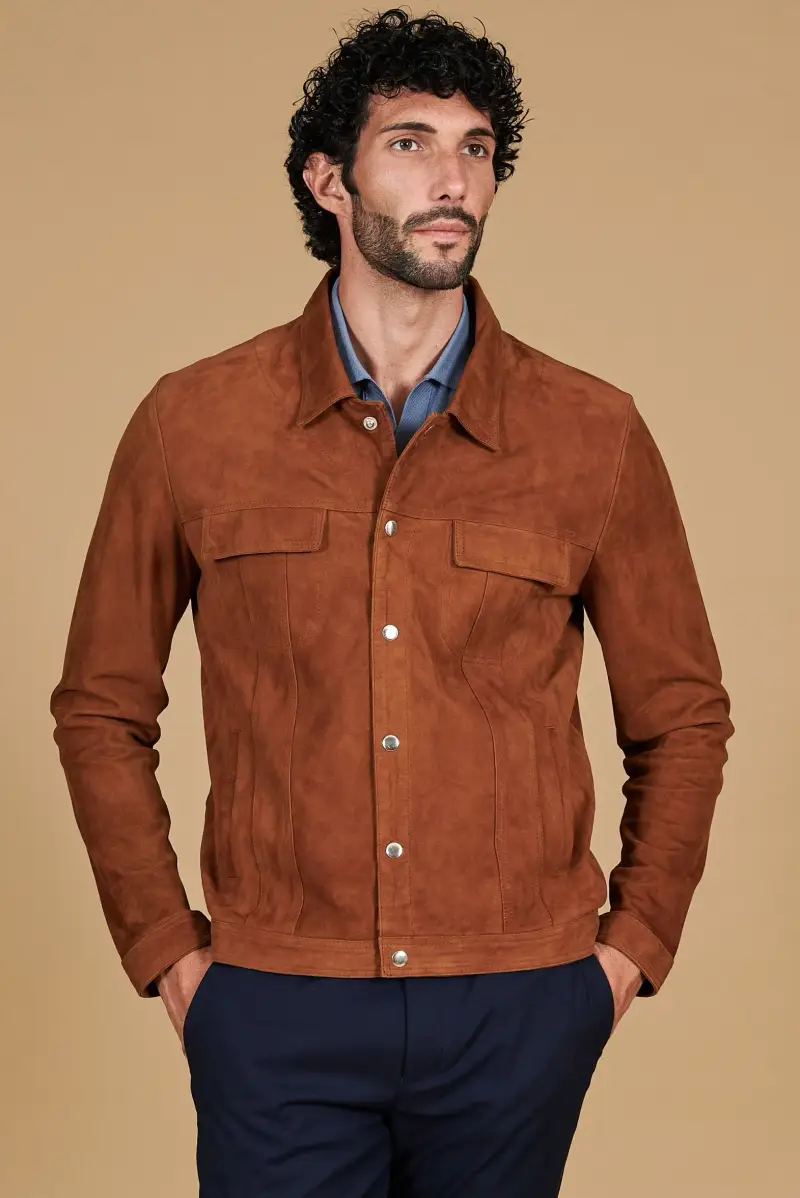 Giacca sfoderata pelle camoscio cuoio con colletto camicia D'Arienzo, Seleziona Cuoio