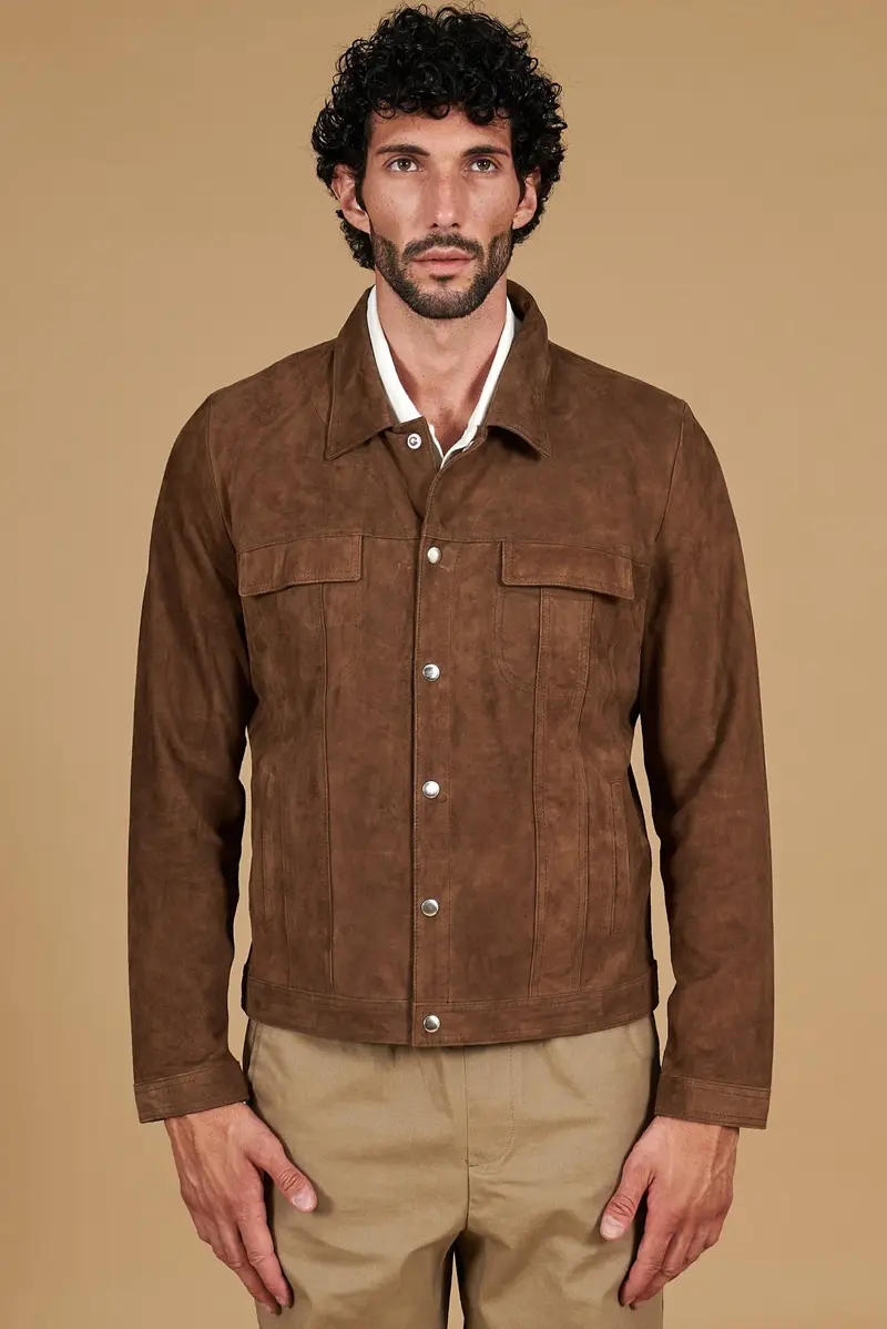 Giacca sfoderata pelle camoscio fango con colletto camicia D'Arienzo, Seleziona Fango