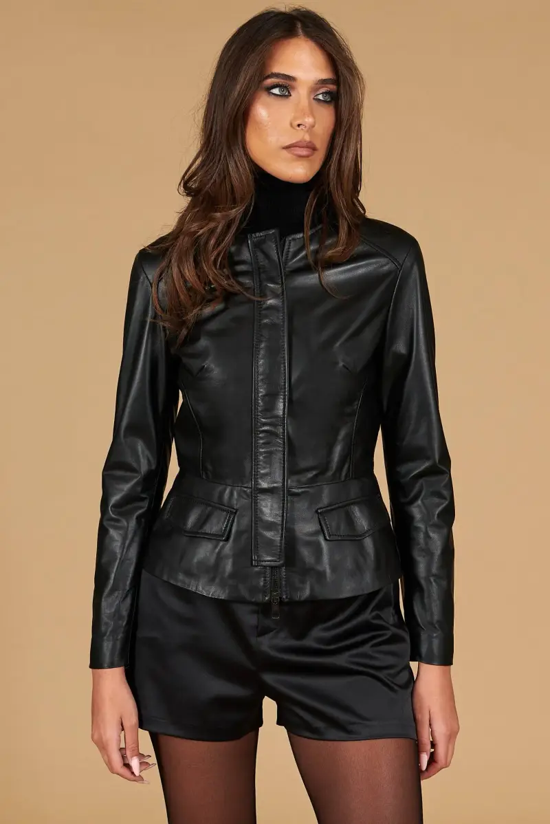 Giacchino in pelle nera effetto liscio con pattina D'Arienzo, Seleziona Nero