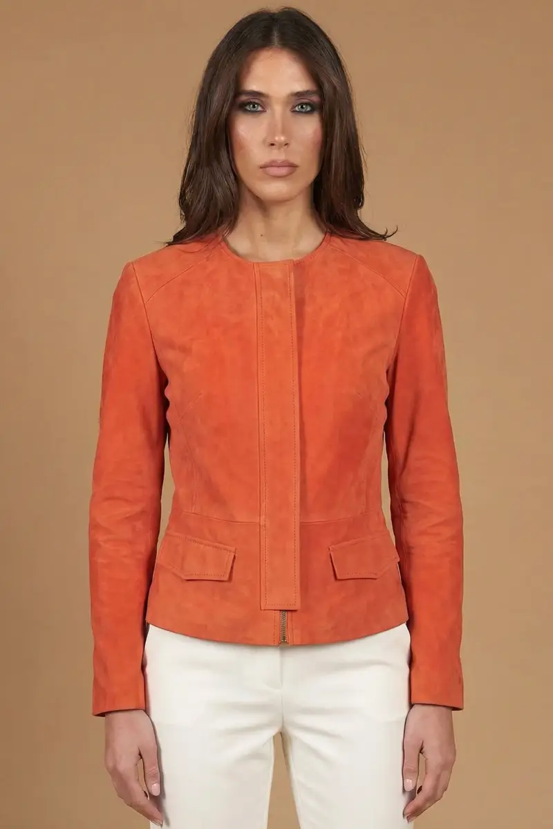 Giacchino in pelle scamosciata arancio con girocollo D Arienzo, Seleziona Arancio