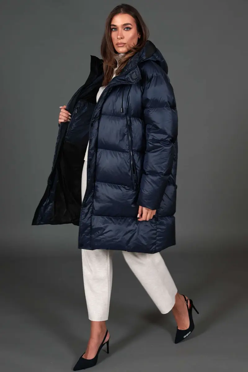 Giaccone lungo in vera piuma colore blu da ripiegare a zaino D'Arienzo, Seleziona Blu