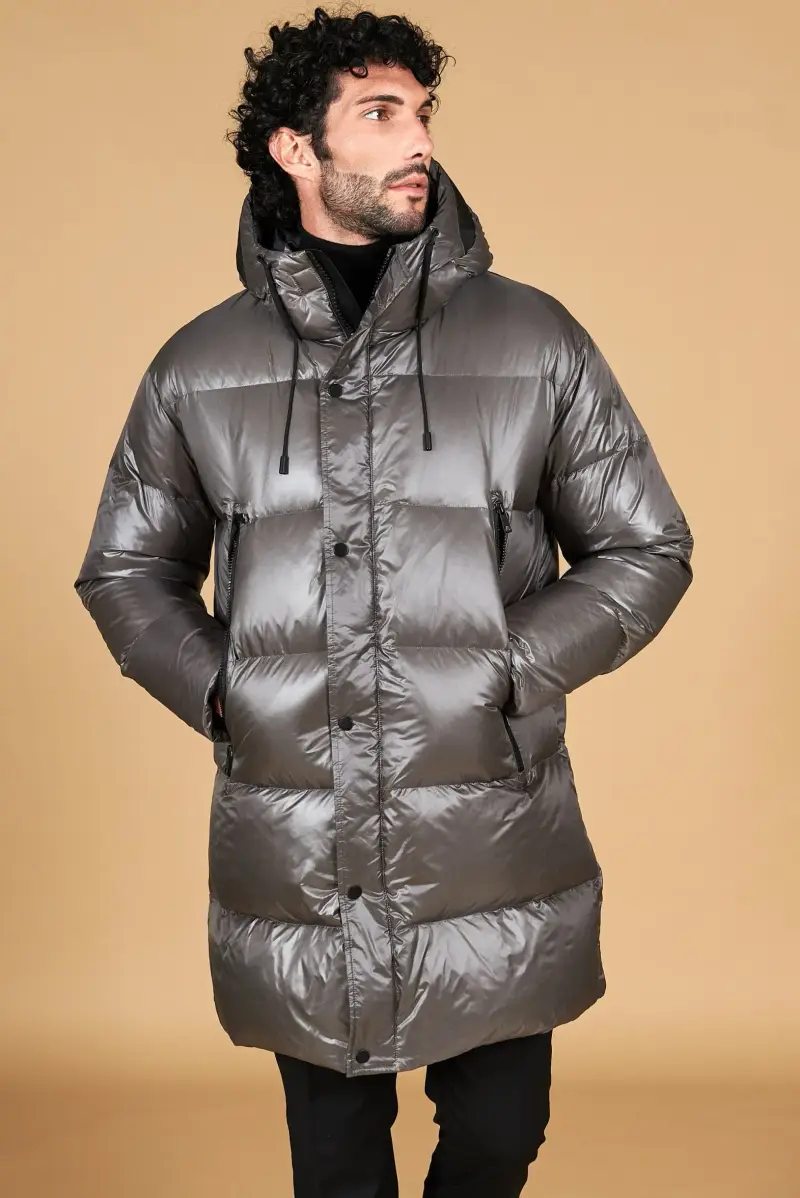 Giaccone lungo in vera piuma colore grigio da ripiegare a zaino D'Arienzo, Seleziona Grigio
