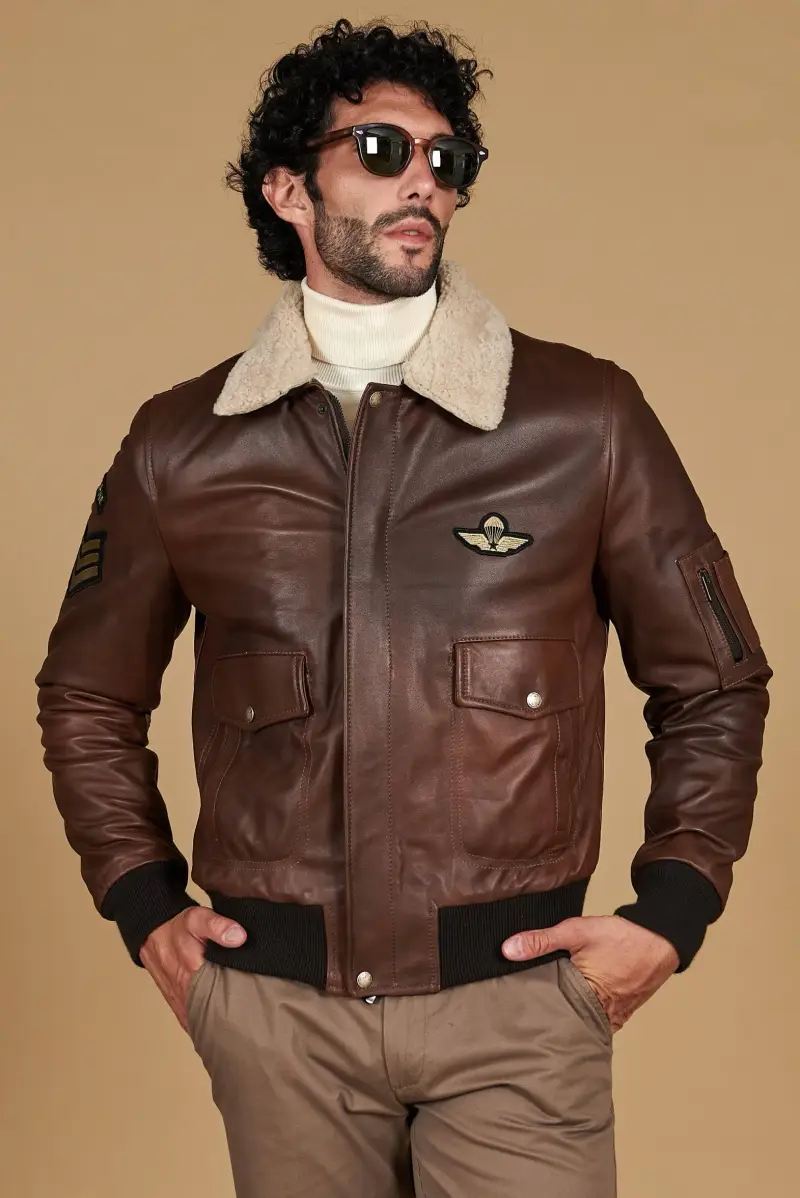 Giubbotto aviatore in pelle marrone collo montone a contrasto D'Arienzo, Seleziona Marrone