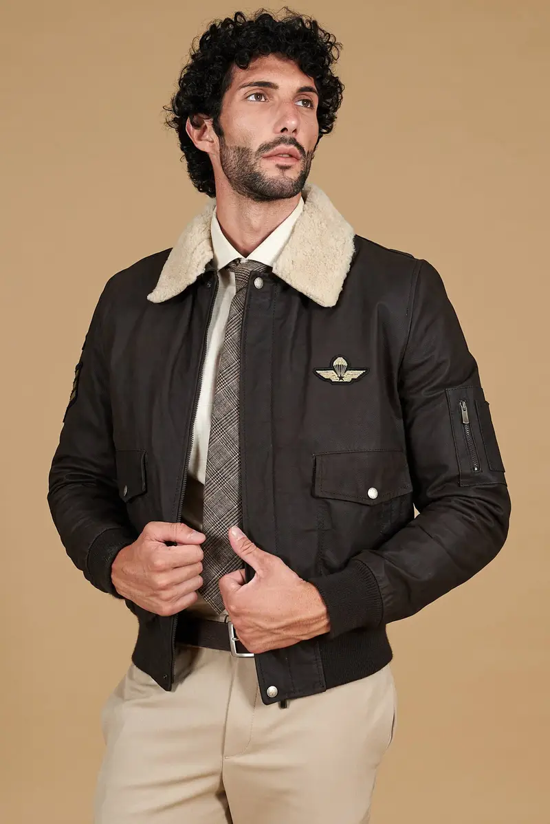 Giubbotto aviatore in pelle raggrinzita testa di moro collo montone D'Arienzo, Seleziona Testa di moro