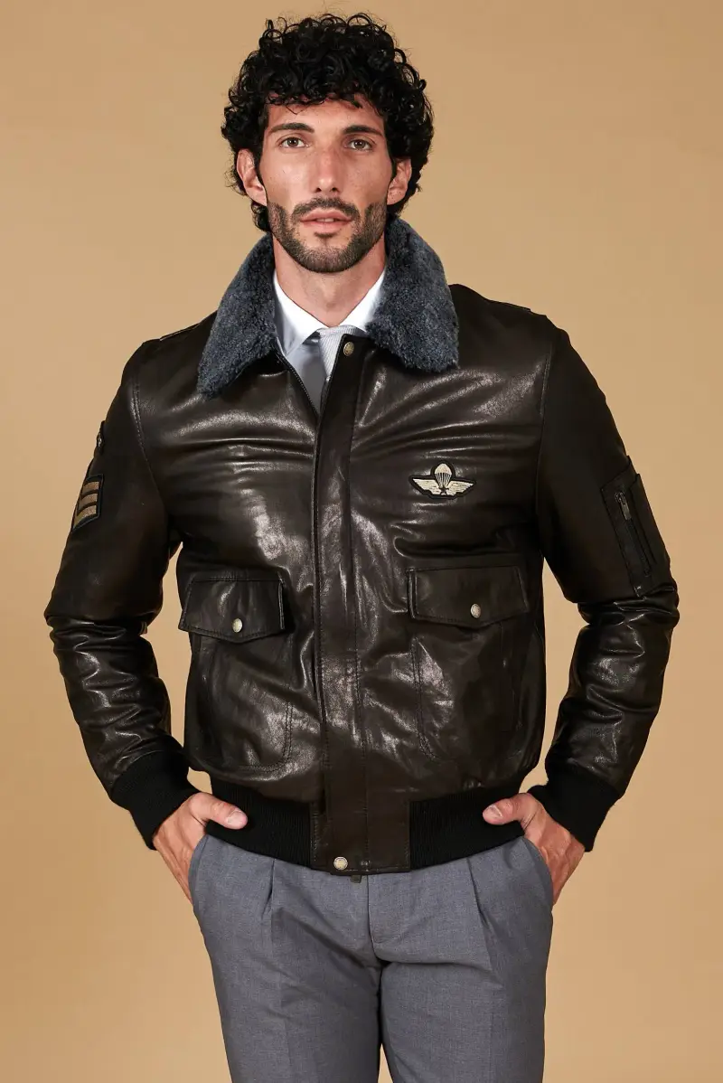 Giubbotto bomber aviatore in pelle nera collo montone D'Arienzo, Seleziona Nero