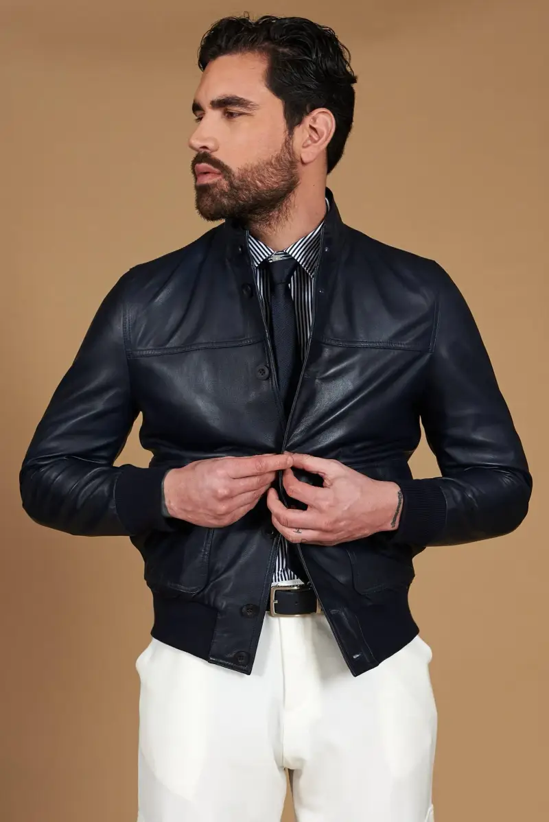 Giubbotto Bomber in pelle blu con bottoni effetto liscio D Arienzo, Seleziona Blu