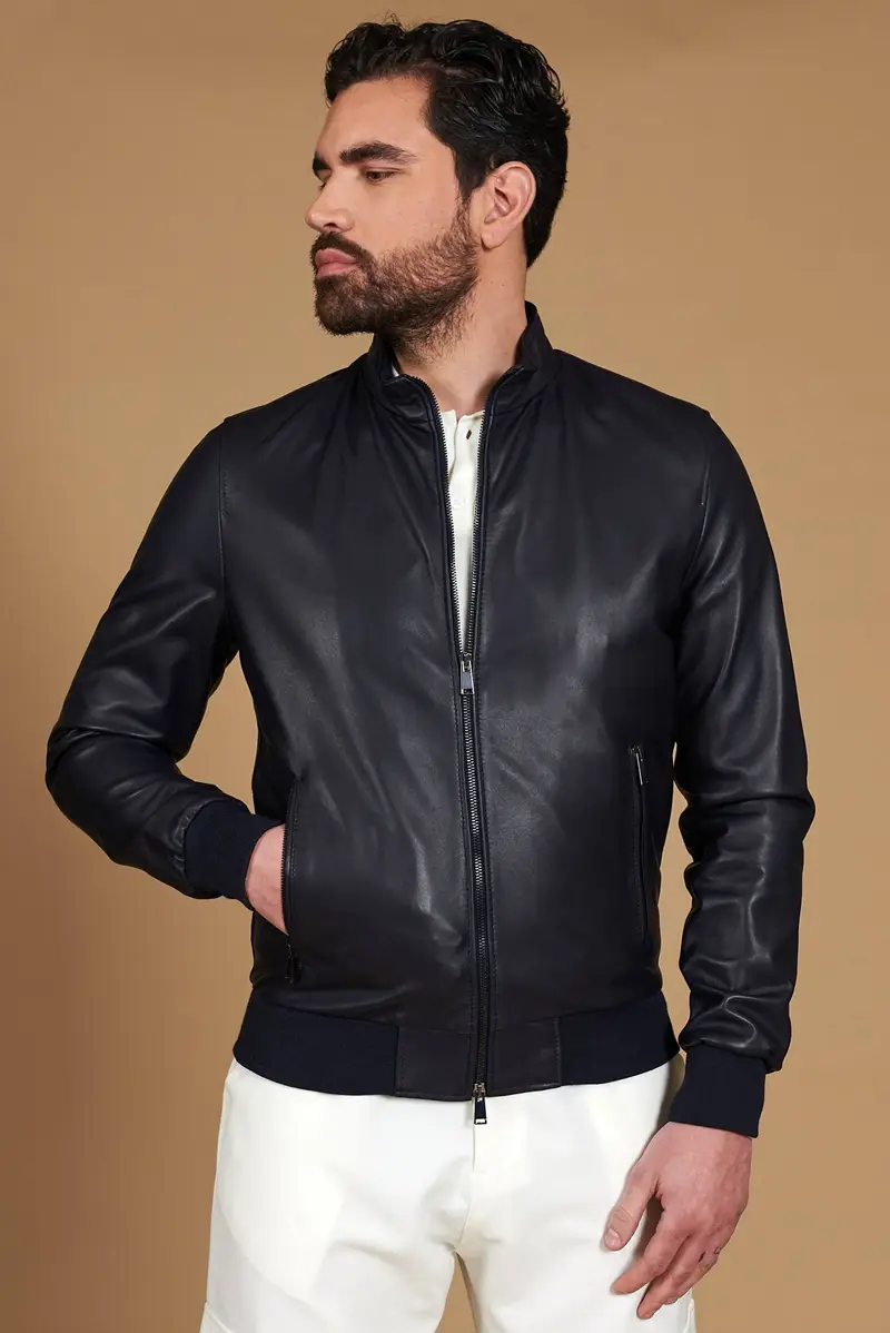 Giubbotto Bomber in pelle blu nappa effetto liscio D'Arienzo, Seleziona Blu