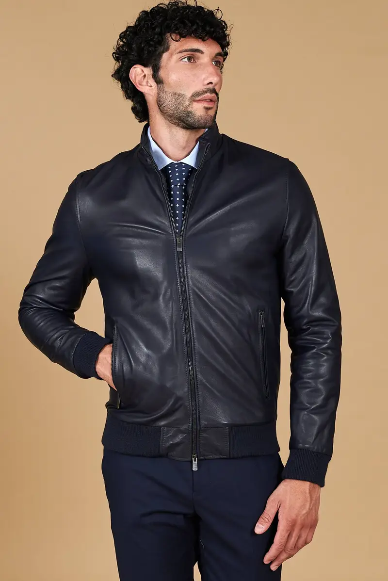 Giubbotto Bomber in pelle blu nappa effetto liscio D'Arienzo, Seleziona Blu