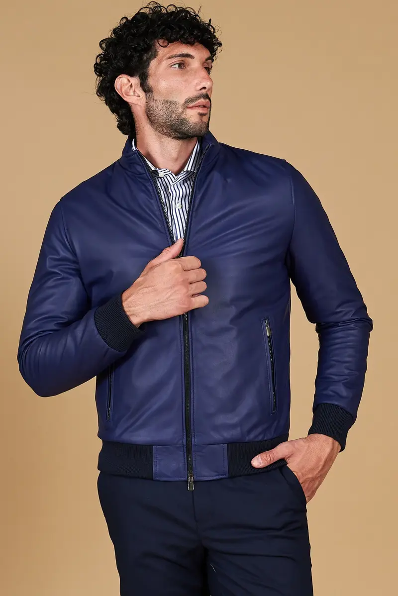 Giubbotto Bomber in pelle bluette naturale effetto liscio D'Arienzo, Seleziona Bluette