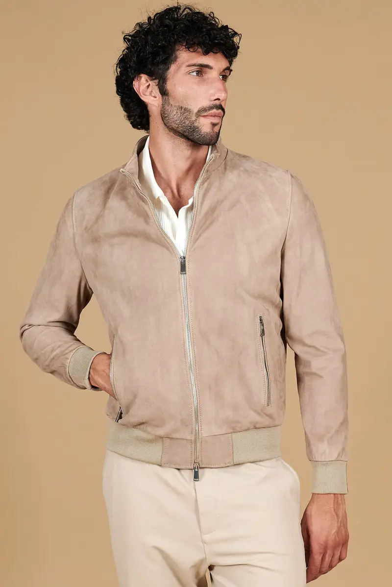 Giubbotto Bomber in pelle camoscio colore sabbia collo coreana D'Arienzo, Seleziona Beige