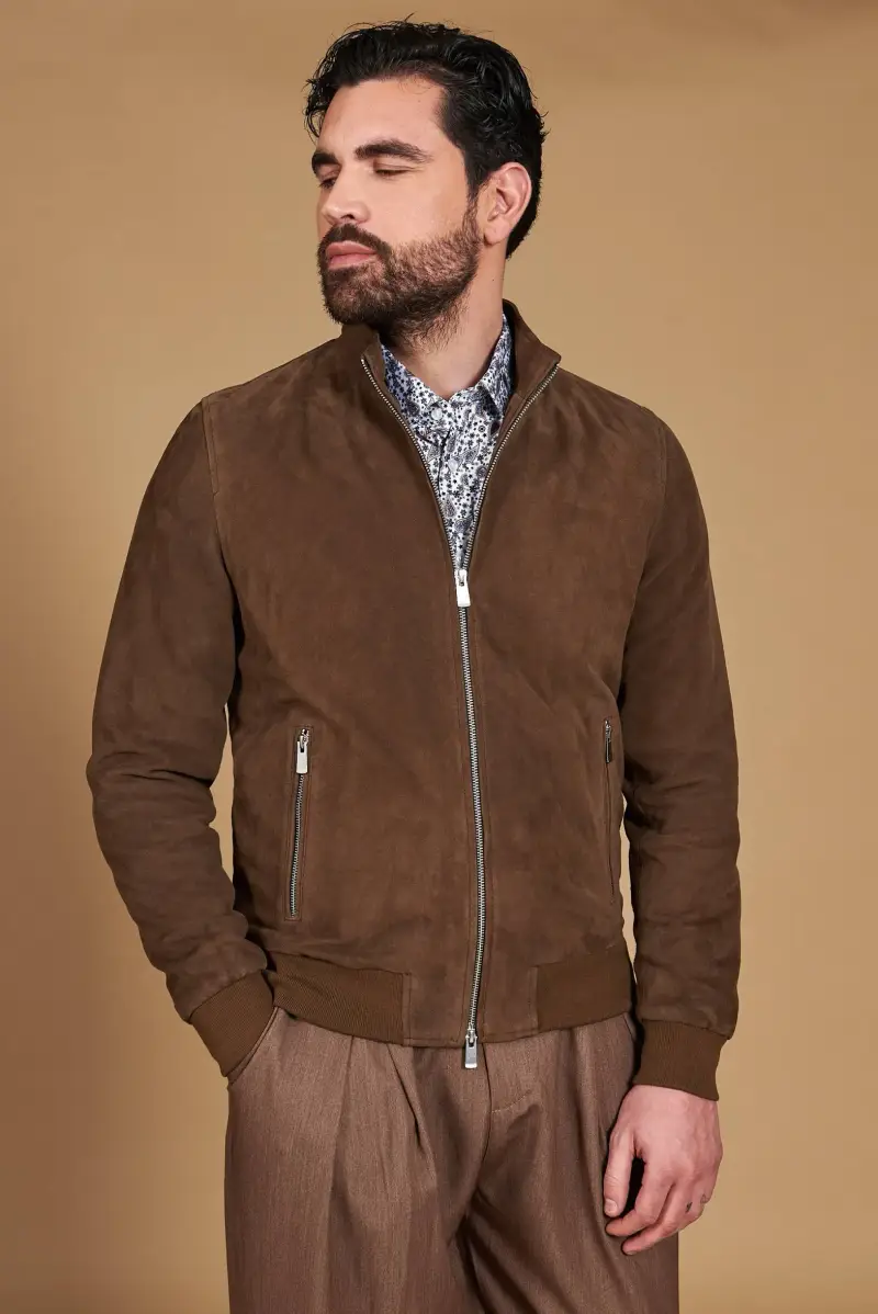 Giubbotto bomber in pelle camoscio fango tono su tono D'Arienzo, Seleziona Fango