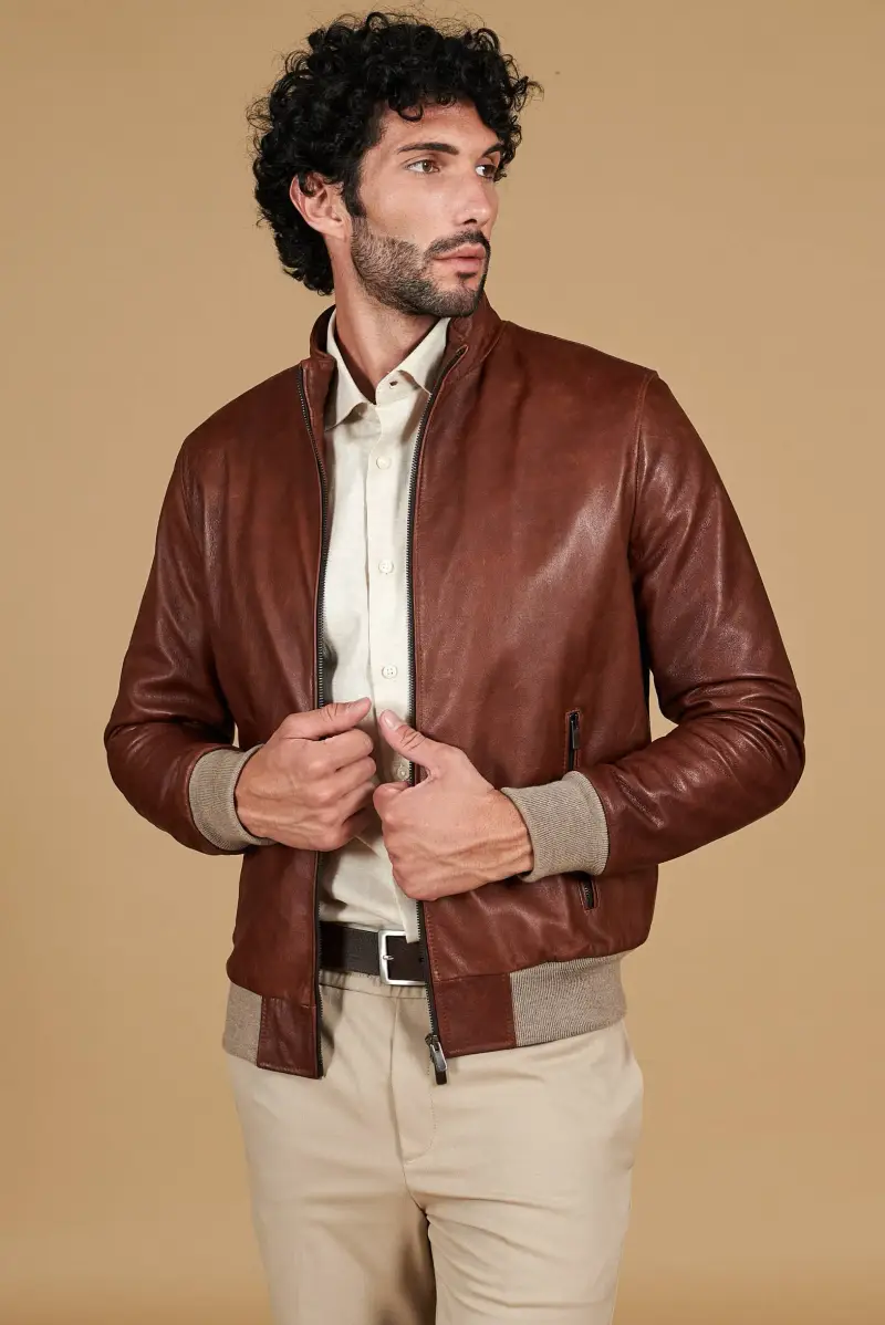 Giubbotto Bomber in pelle color cuoio effetto vintage D Arienzo, Seleziona Cuoio