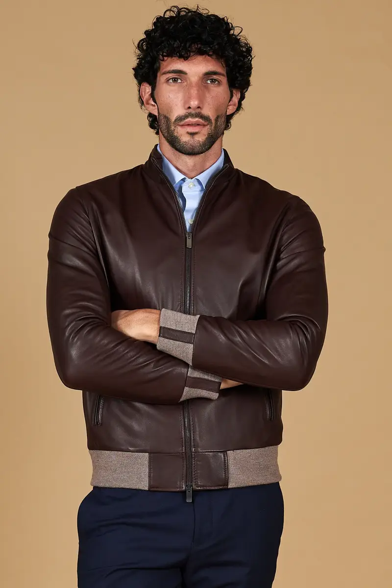 Giubbotto bomber in pelle naturale bordeaux lana a contrasto beige D'Arienzo, Seleziona Vinaccio