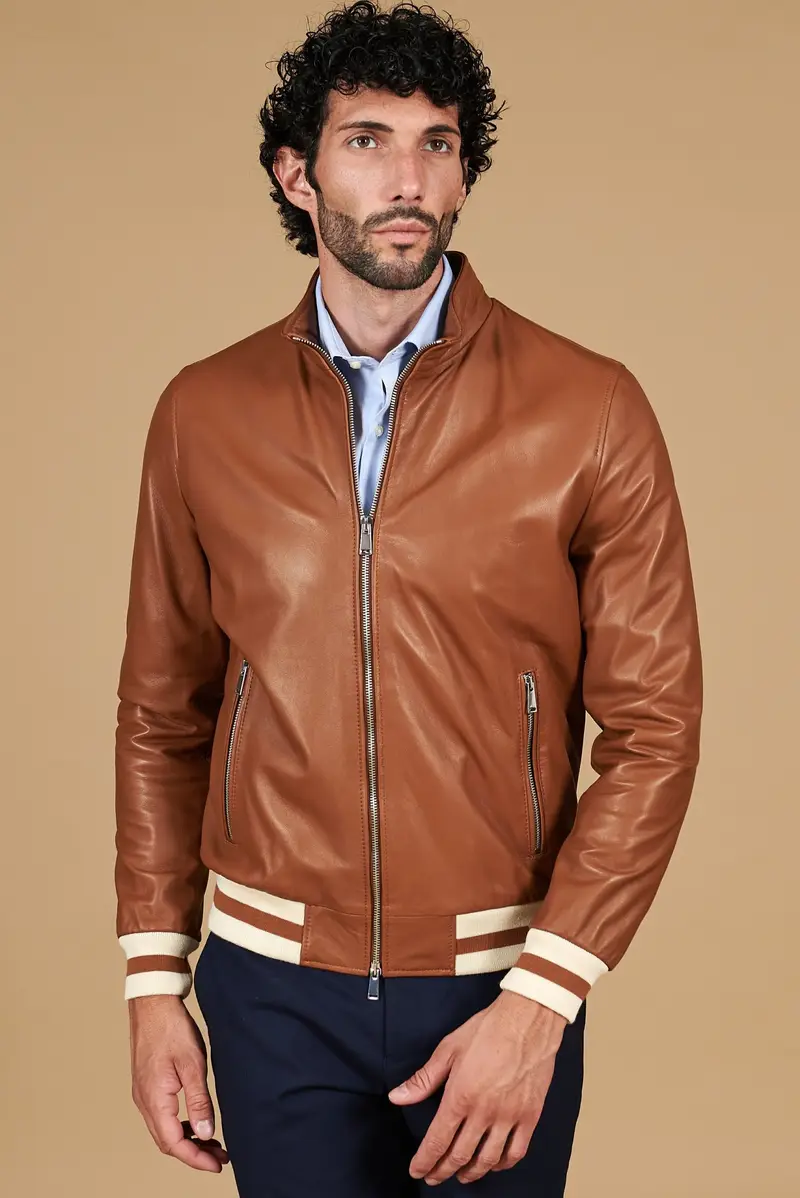 Giubbotto Bomber in pelle naturale color cuoio effetto liscio D'Arienzo, Seleziona Cuoio